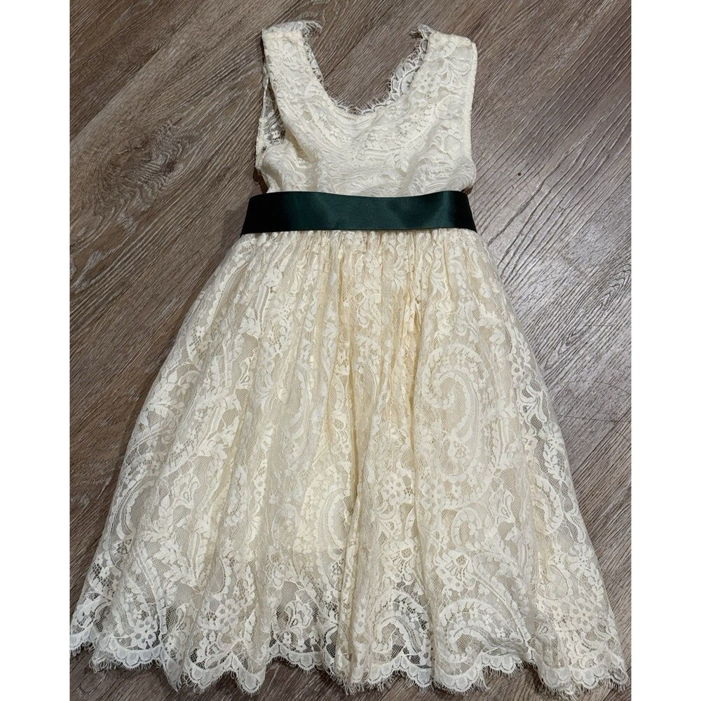 Girls A-Line Ivory Lace Dress w/ Green Bow Knee Length Sleeveless Paisley
